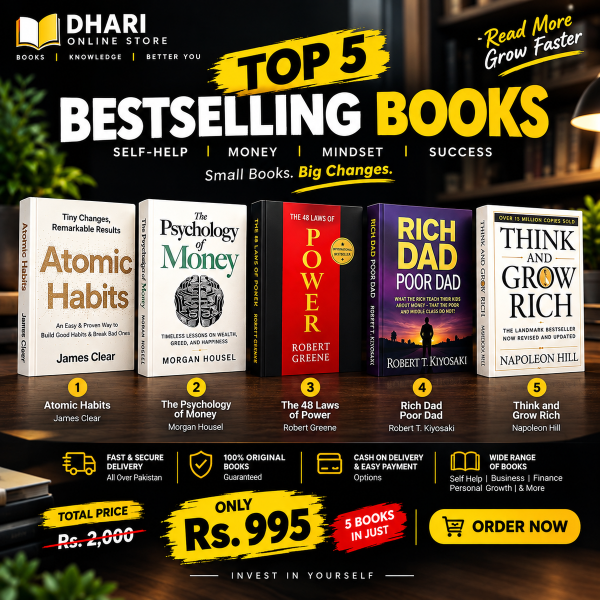 Top 5 Bestselling Books Combo Pack (Atomic Habits, Psychology of Money, 48 Laws of Power, Rich Dad Poor Dad, Think and Grow Rich) – Special Offer