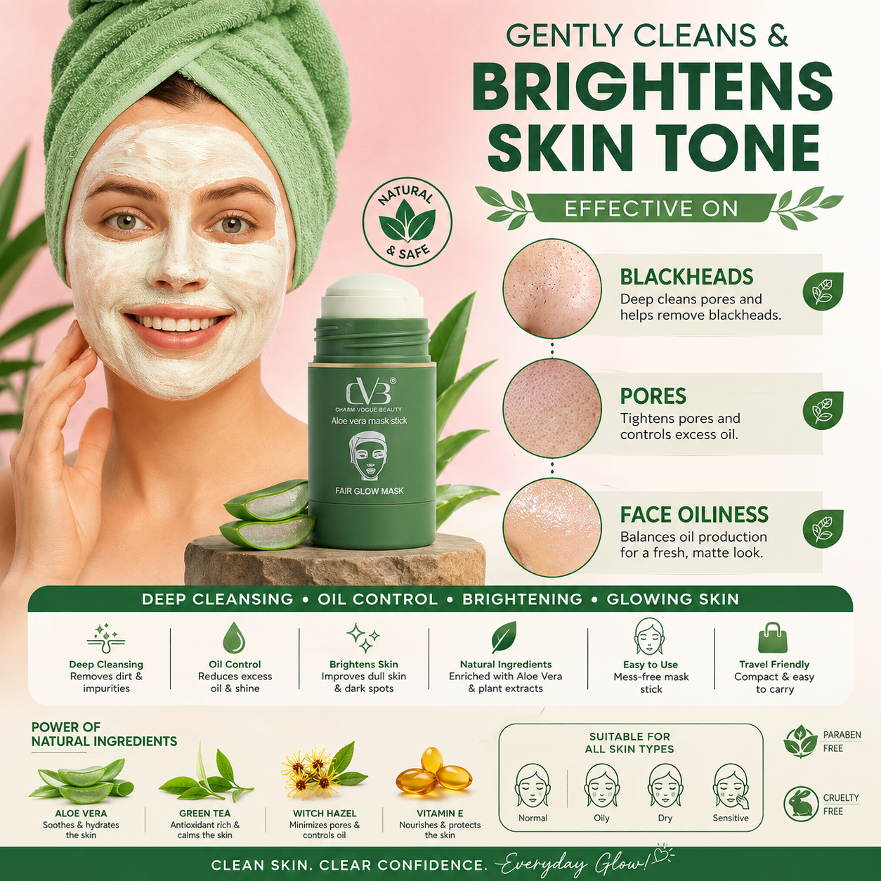 π₯ Aloe Vera Green Tea Cleansing Mask Stick | Deep Cleansing Face Mask | Blackhead Remover | Oil Control | Pore Minimizer | Brightening Skin Care