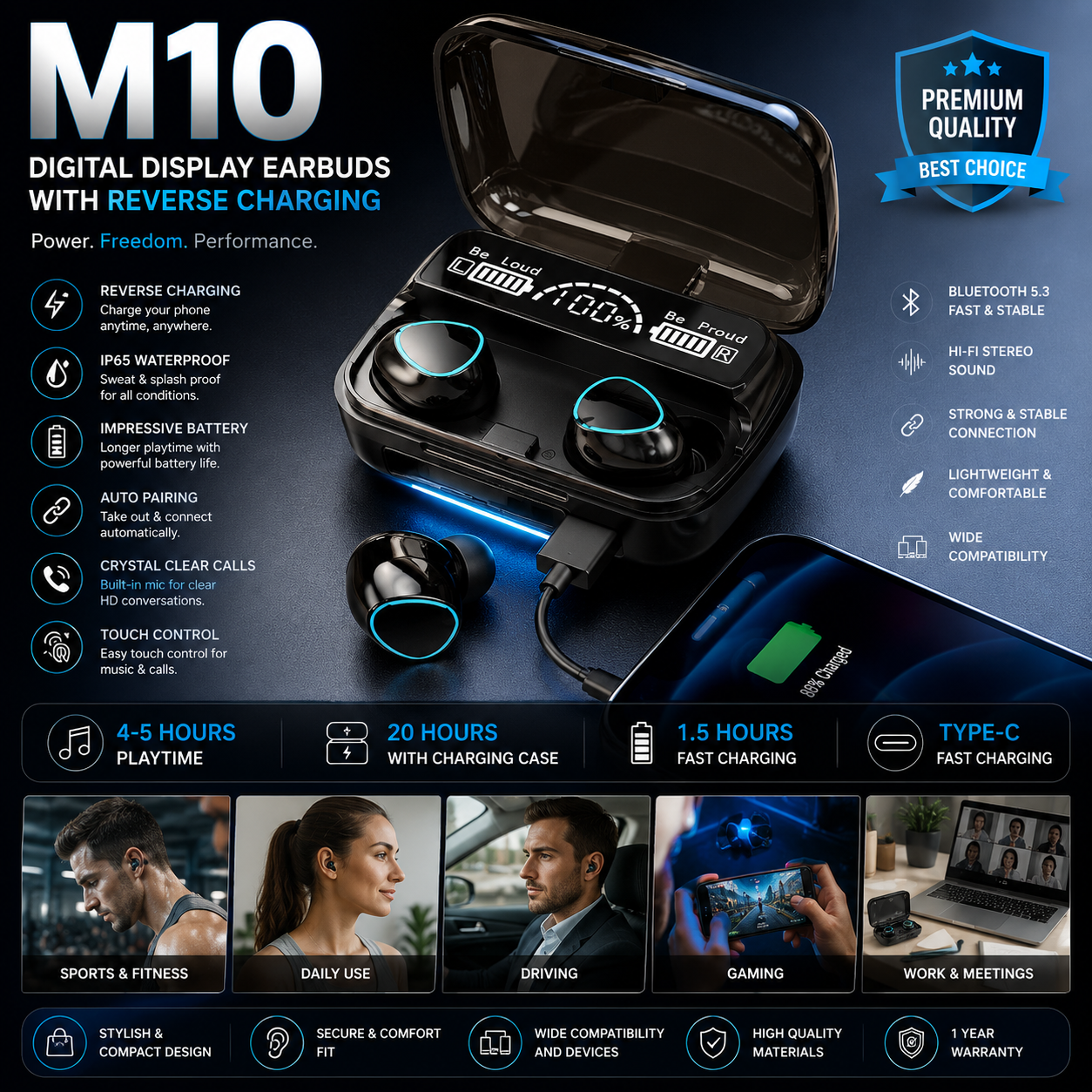 ๐ฅ M10 TWS Wireless Bluetooth Earbuds | Hi-Fi Stereo Sound | Touch Control | Noise Reduction | LED Power Display | Charging Case