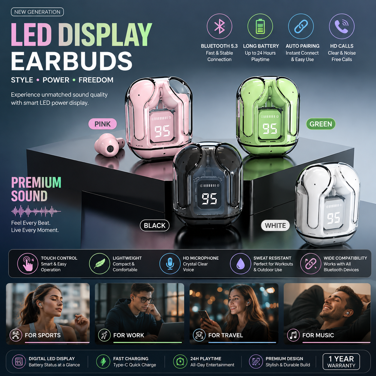 🔥 LED Display Wireless Bluetooth Earbuds | Bluetooth 5.3 | HD Stereo Sound | Touch Control | Fast Charging | Noise Reduction | Sports Earbuds