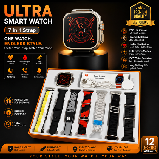 🔥 Ultra Smart Watch 7-in-1 Strap | Bluetooth Calling | 1.96" HD Display | Health Monitor | Wireless Charging | Smartwatch for Men & Women