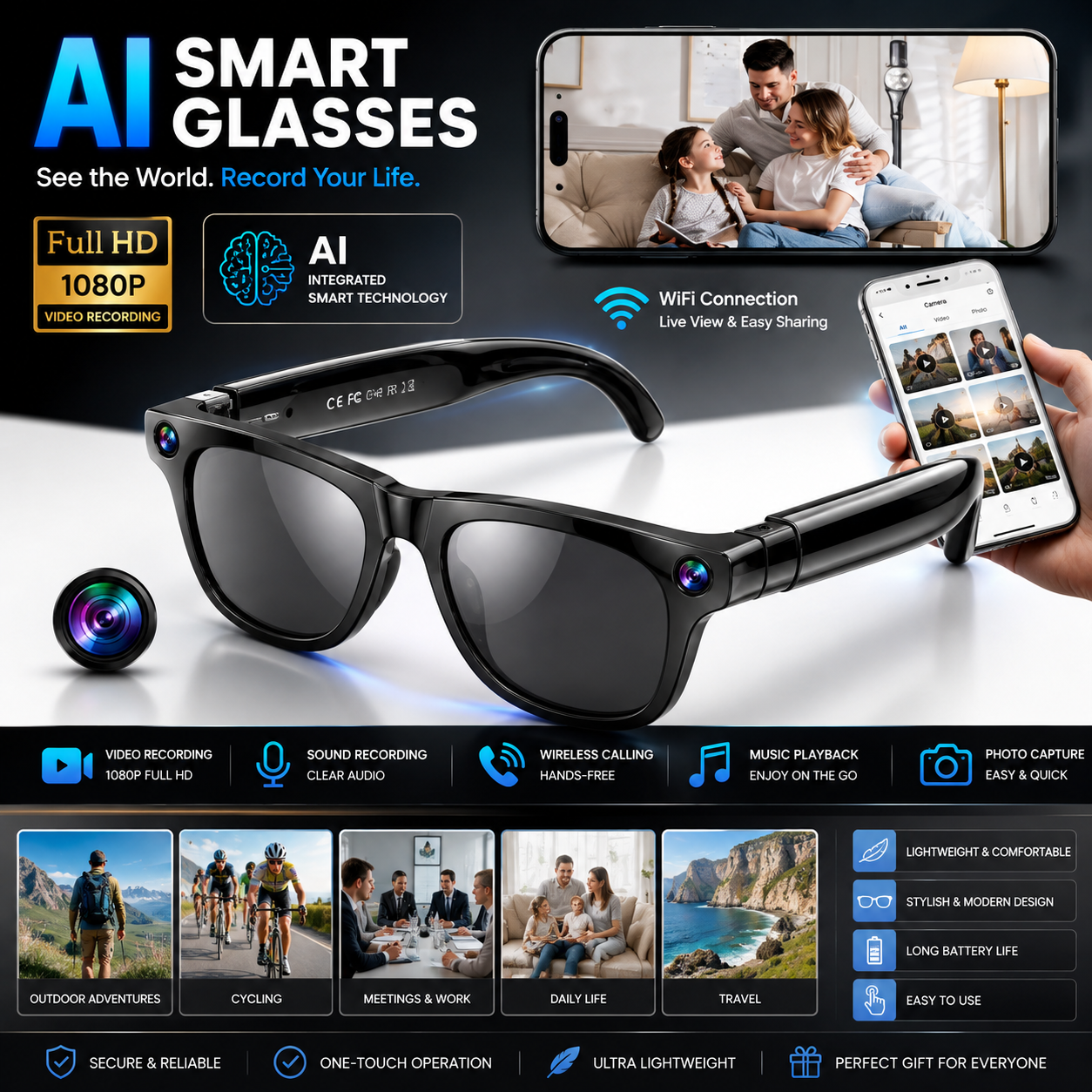 🔥 Camera Glasses | Full HD 1080P Smart Camera Glasses | Wireless Bluetooth Calling | AI Smart Glasses | Video Recording | Music & Photo Capture