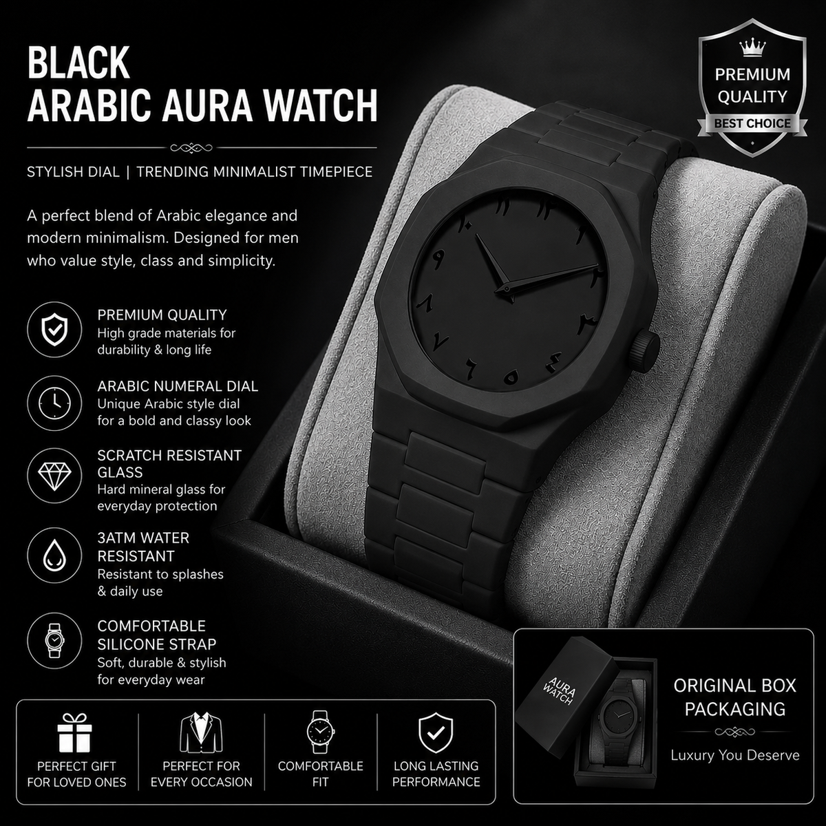 Black Arabic Aura Watch For Men | Stylish Minimalist Dial