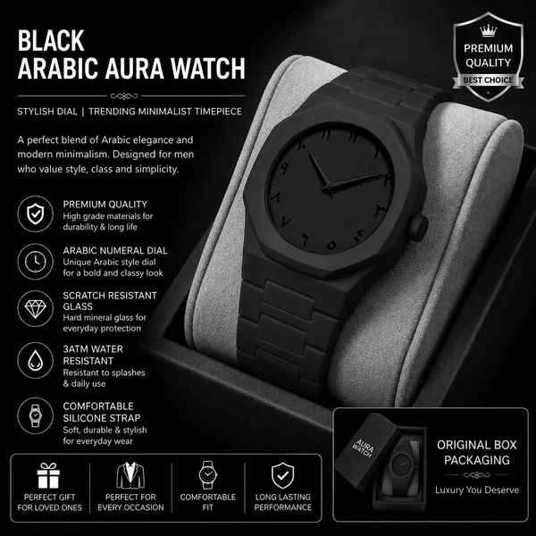 Black Arabic Aura Watch For Men | Stylish Minimalist Dial