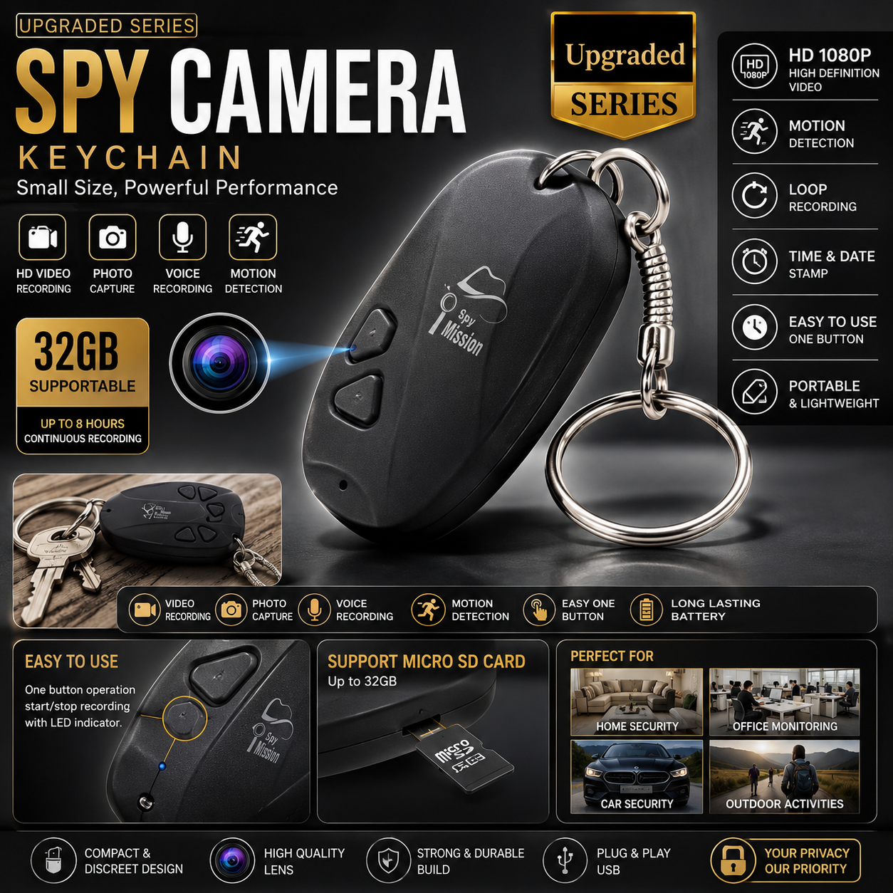 🔥 Spy Camera Keychain | Full HD 1080P Mini Hidden Camera | Motion Detection | Voice Recording | 32GB Micro SD Support | Portable Security Keychain
