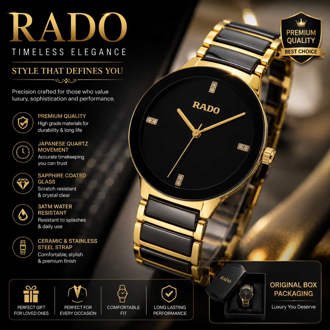 💛 RADO Centrix Black & Golden Watch For Men & Women | Premium Stainless Steel Strap | Luxury Quartz Wrist Watch | Elegant Couple Watch
