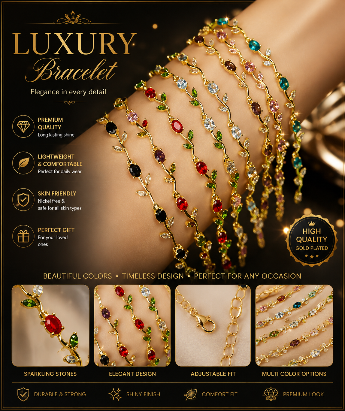 🌸 Luxury Gold Plated Crystal Charm Bracelet for Women | Adjustable Multicolor Stone Bracelet | Elegant Fashion Jewelry | Gift for Girls & Ladies
