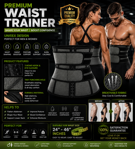 💪 Waist Trainer With 2 Straps For Men & Women | Adjustable Tummy Control Belt | Sweat Shaper | Back Support | Gym Waist Trimmer