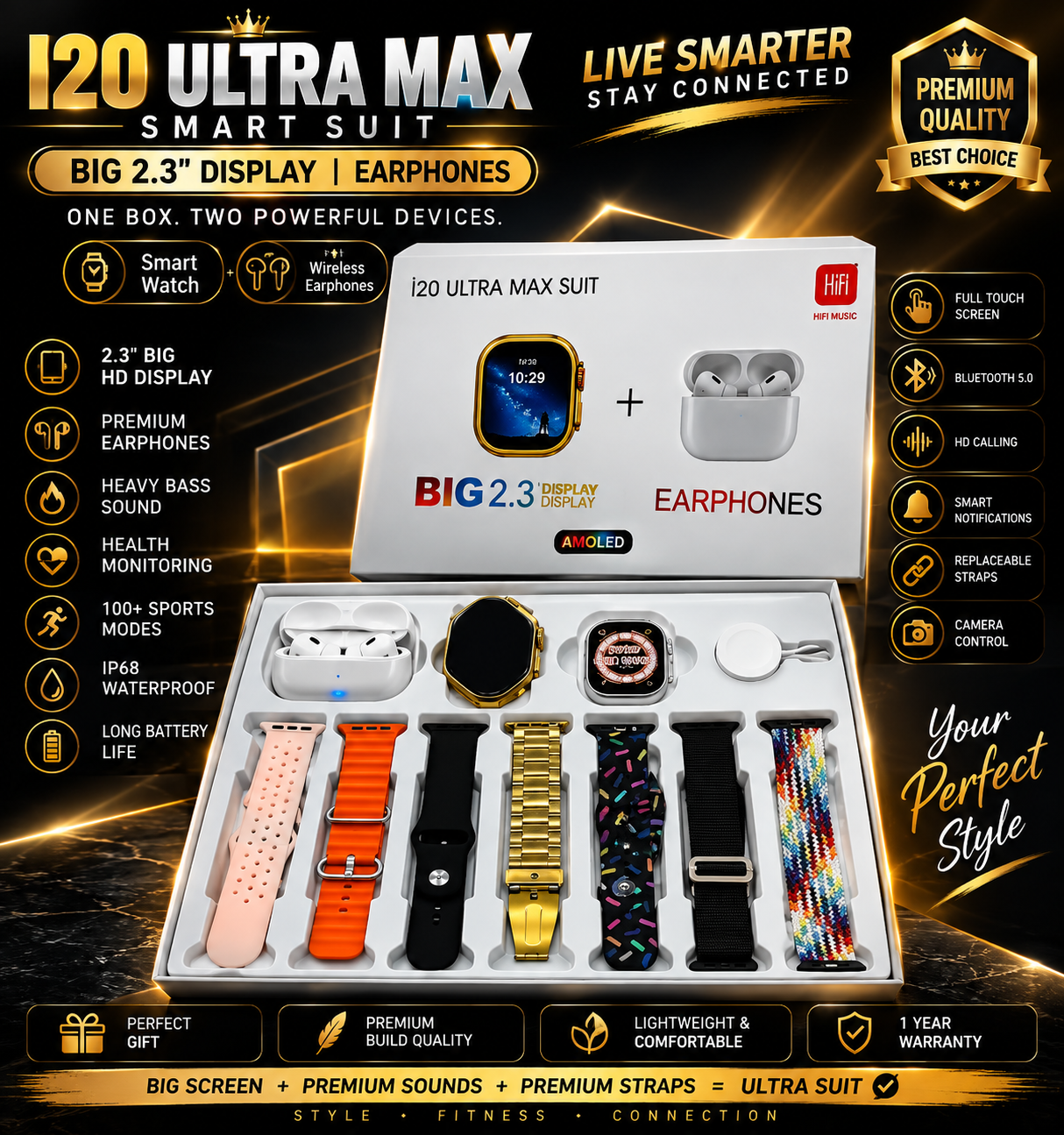 🔥 I20 Ultra Max Smart Watch + Wireless Earbuds Combo | 10-in-1 Gift Set | Bluetooth Calling | HD Display | 7 Interchangeable Straps | Men & Women