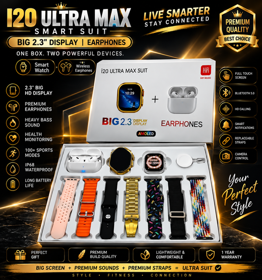 🔥 I20 Ultra Max Smart Watch + Wireless Earbuds Combo | 10-in-1 Gift Set | Bluetooth Calling | HD Display | 7 Interchangeable Straps | Men & Women