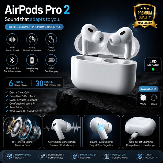 🔥 Earbuds Pro 2 | Wireless Bluetooth Earbuds | Hi-Fi Stereo Sound | Touch Control | ENC Noise Reduction | LED Charging Case | Fast Pairing