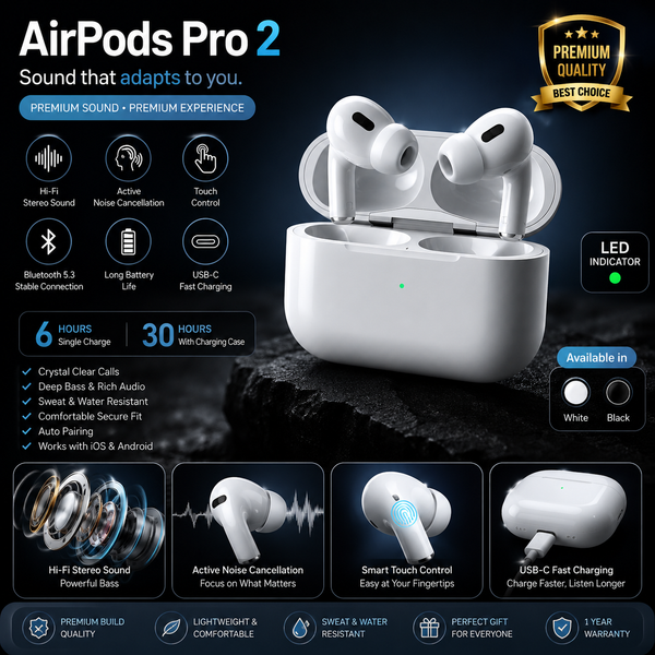 🔥 Airpods Pro 2  | Wireless Bluetooth Earbuds | Hi-Fi Stereo Sound | Touch Control | ENC Noise Reduction | LED Charging Case | Fast Pairing